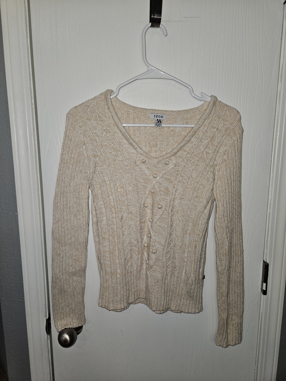 Izod Cream Cable Knit V-Neck Sweater with Button Detail